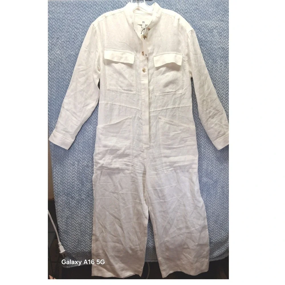 Banana Republic White 100% Linen Utility Jumpsuit Long Sleeve NWT S 882685-01-1